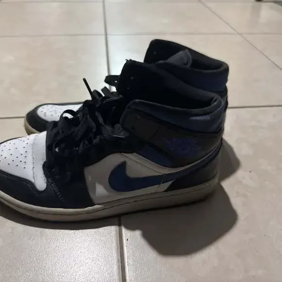 Air Jordan 1 Mid - Black and Dark Powder Blue Sneakers, Men's Size 10